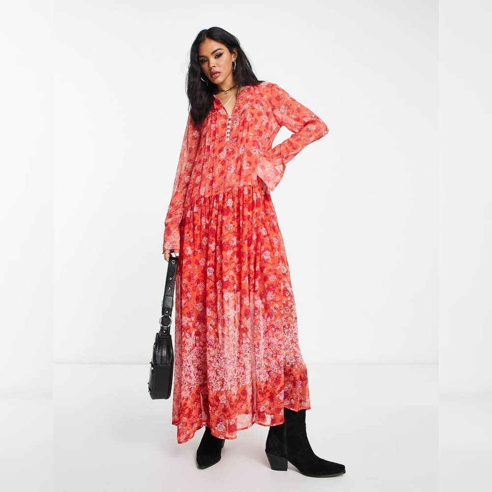 Free People See It Through Maxi Dress In Coral Pink Women's Size Medium
